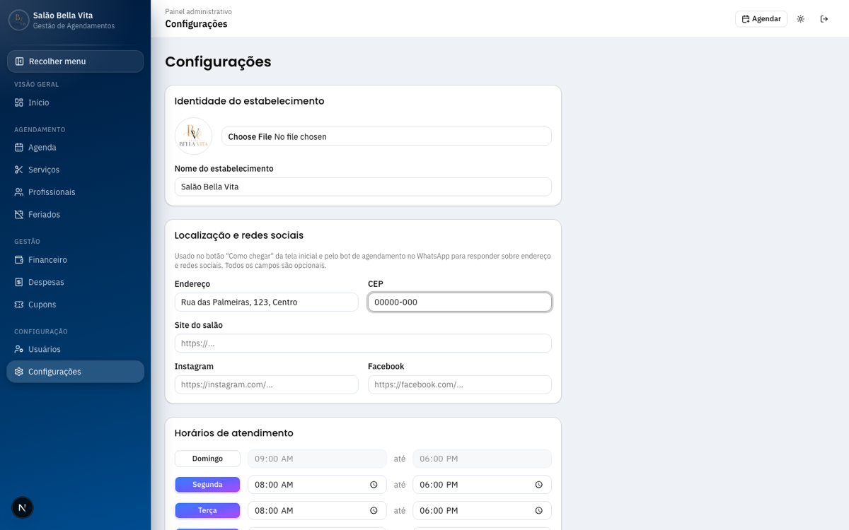 Tela de configurações do SelfSched-AI com identidade do estabelecimento